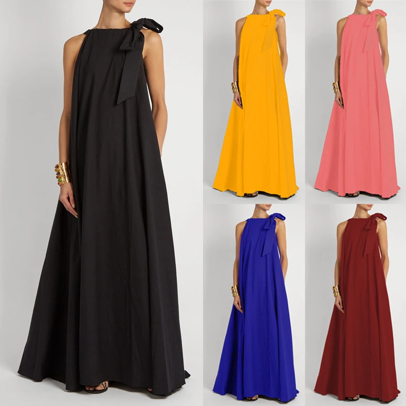 Ladies Women Fashion Solid Sleeveless Summer Maxi Dress Plus Size Floor Length Loose Casual Boho Long Dresses