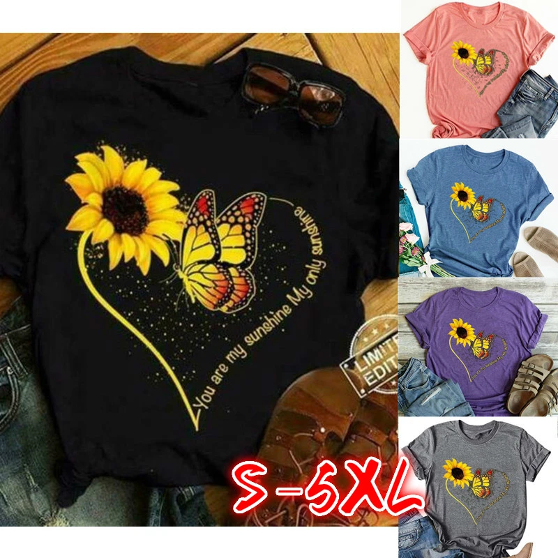 Fashion Sunflower Print Short Sleeve T Shirt Summer Women Shirts Plus Size