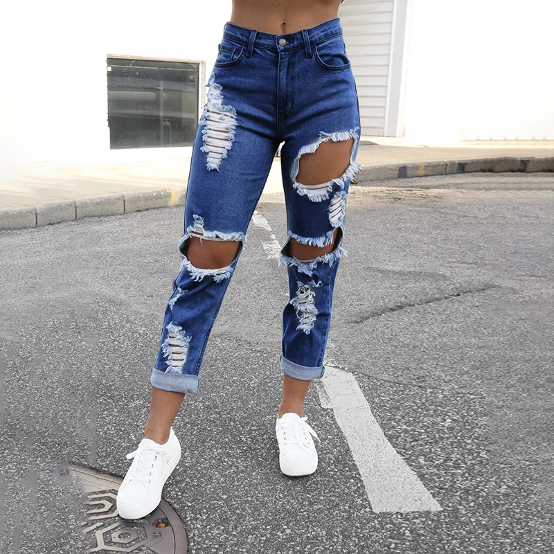 3 COLORS Women Fashion Jeans Casual Ripped Jeans Slim Fit Mid Waist Female Hole Broken Jeans Denim Pants Solid Color Trousers Plus Size XS-3XL