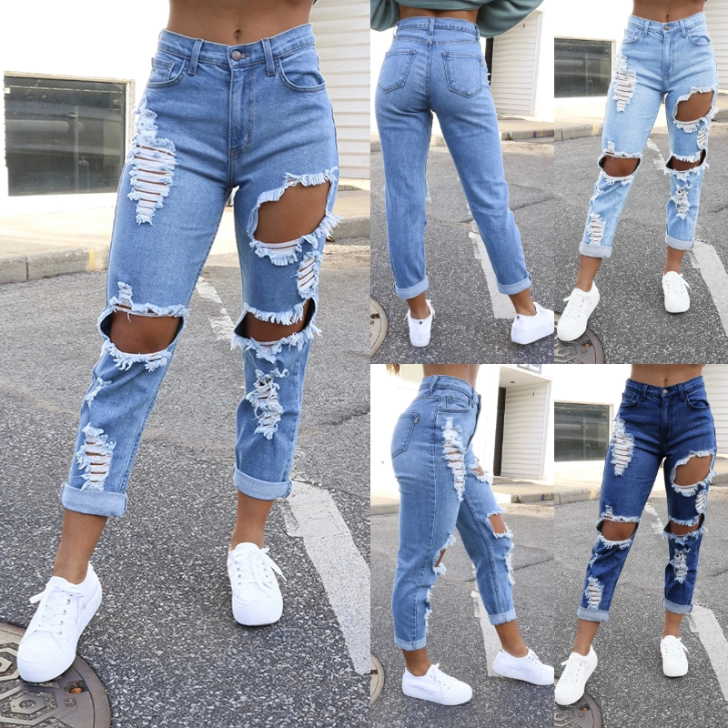 3 COLORS Women Fashion Jeans Casual Ripped Jeans Slim Fit Mid Waist Female Hole Broken Jeans Denim Pants Solid Color Trousers Plus Size XS-3XL
