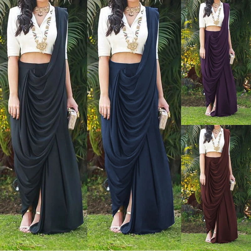 Indian Fashion Plain Sarees Elegant Women Simple Solid Saree High Quality Lycra Trousers Pleated Festival Wear Party Formal Dresses