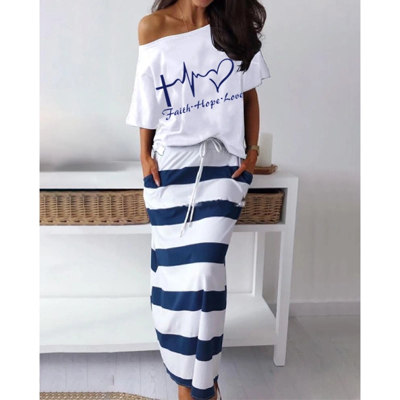 2-piece Cotton Women's Skirt One-shoulder Top and Long Skirt Summer Fashion Conjunto Feminino Two-piece Ladies Plus Size