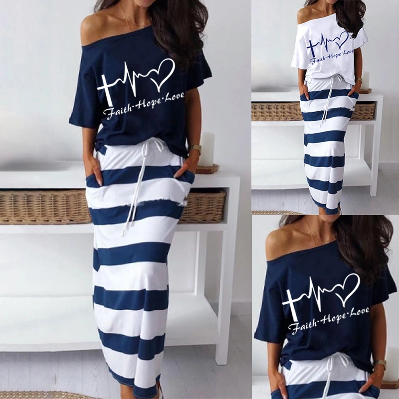 2-piece Cotton Women's Skirt One-shoulder Top and Long Skirt Summer Fashion Conjunto Feminino Two-piece Ladies Plus Size