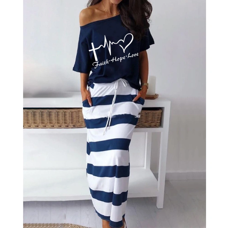 2-piece Cotton Women's Skirt One-shoulder Top and Long Skirt Summer Fashion Conjunto Feminino Two-piece Ladies Plus Size