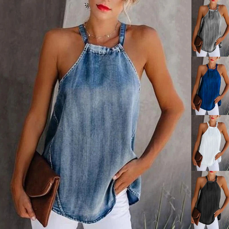 2020 Women Ladies Fashion Summer Tank Top Sleeveless Off-Shoulder Denim Halter Vest