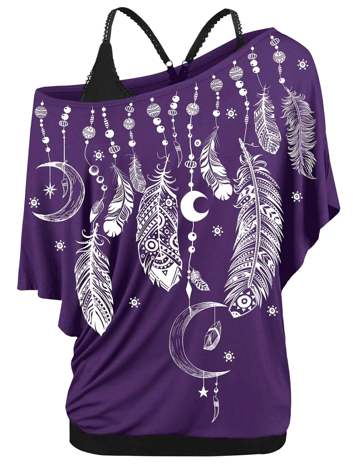 Plus Size Women Fashion Feather Print Skew Neck Cold Shoulder T-shirt Blouse锛坥nly T-shirt )