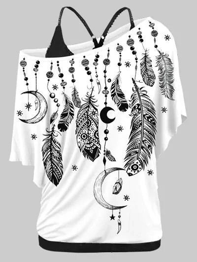 Plus Size Women Fashion Feather Print Skew Neck Cold Shoulder T-shirt Blouse锛坥nly T-shirt )