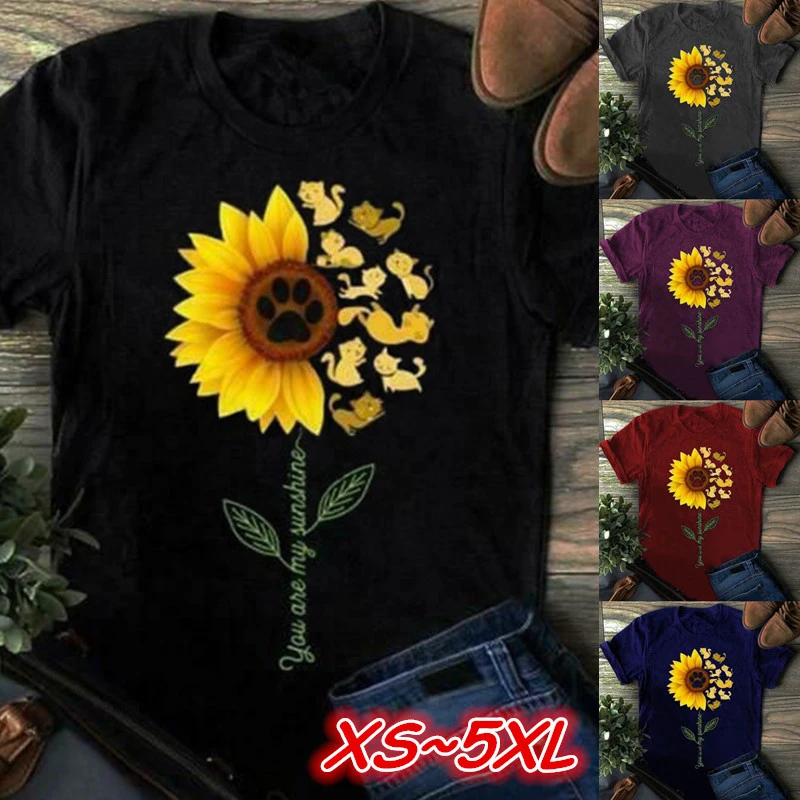 New Stylish Women Summer Sunflower Printed Short Sleeve Tops T Shirts Plus Size Loose Casual Tops Tees