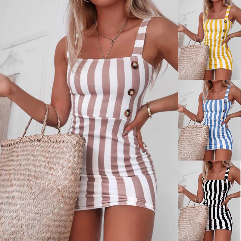 NEW Fashion Women Casual Vintage Vertical Striped Mini  Button Cami Summer Dresses