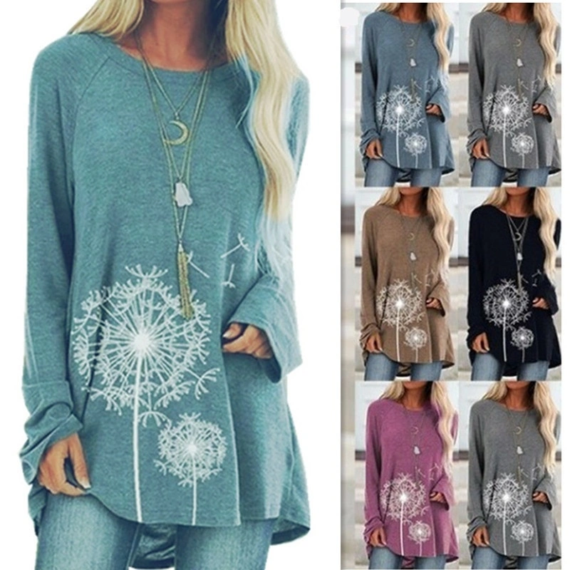 Women's Fashion Autumn and Winter Clothes Casual O-neck Long Sleeve Blouses Ladies Loose Floral Printed Tops Plus Size Pullover Sweatshirts Cotton T-shirt