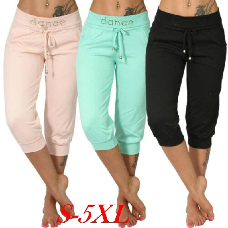 Summer Women's Fashion Elastic Waist 3/4 Jogging Capri Hose Strass Dance Paisley Drawstring Casual Sport Fitness Pants