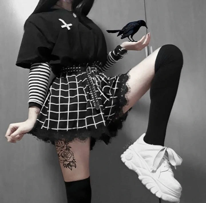 Black Gothic Girl Women Dark Style Cosplay Plaid Pantskirt Split Skirt Emo Goth Skirt