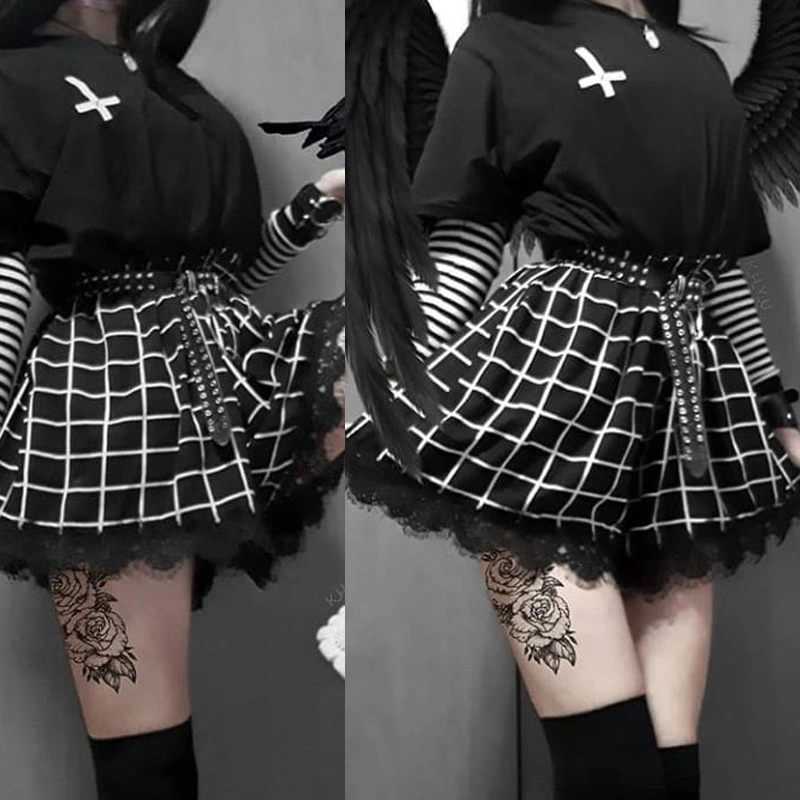 Black Gothic Girl Women Dark Style Cosplay Plaid Pantskirt Split Skirt Emo Goth Skirt