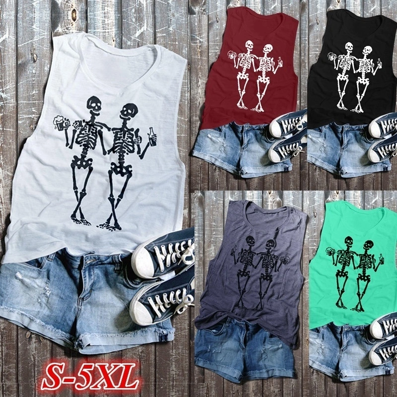 Goth Sleeveless Vest Cotton Tops T-shirts Plus Size S-5XL Women's Fashion Casual Punk Skull Print Tank Top Halloween