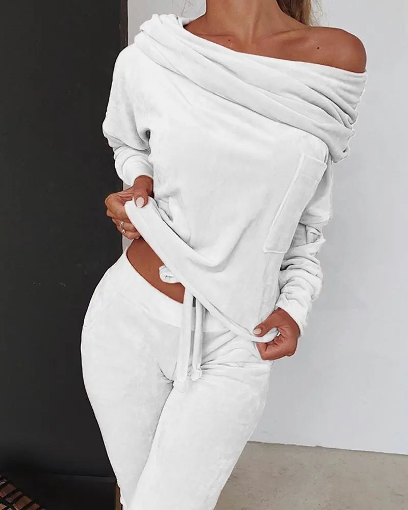 Fashion Women's 2 Piece Coral Fleece Off Shoulder Tops + Long Pants Set Ladies Casual Running Sets Breathable Sports Wear Outfits Sets