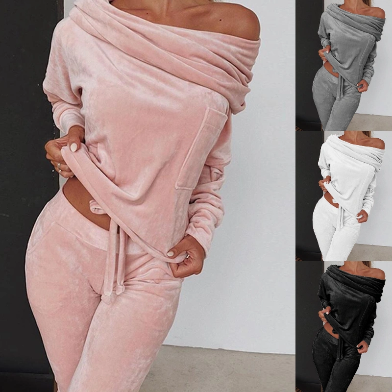 Fashion Women's 2 Piece Coral Fleece Off Shoulder Tops + Long Pants Set Ladies Casual Running Sets Breathable Sports Wear Outfits Sets