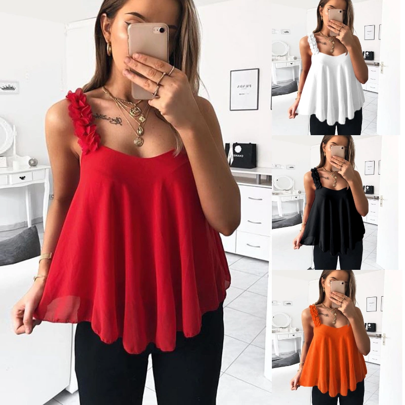 4 Color Women's Fashion Casual Sexy Tank Top Sleeveless Solid Color Loose Pleated Elegant Floral Patchwork Sleeves Pullover Chiffon Blouse Summer Fashion Plus Size Tunic Top