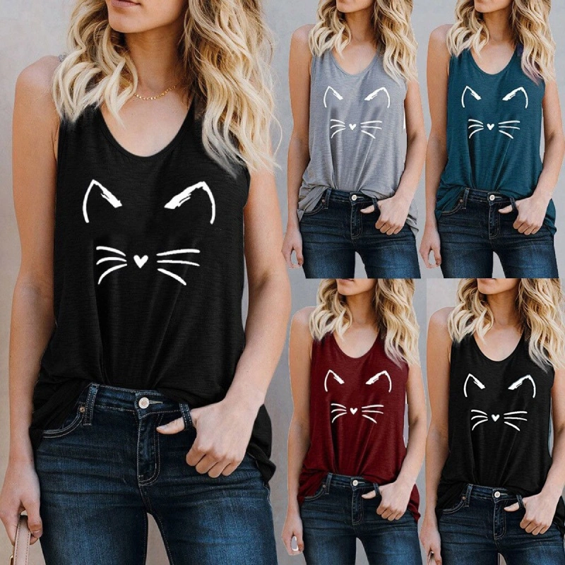 Cat Ear Print Loose Tank Tops Women Summer Sleeveless T-shirts