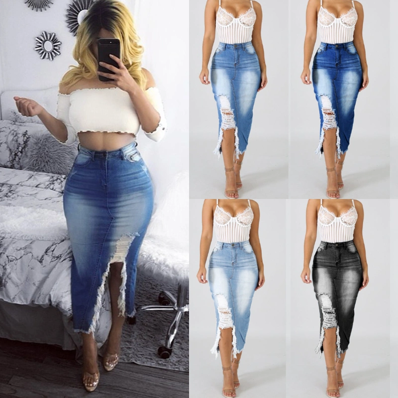 S-5XL Women Fashion High Waist Ripped Denim Skirt Distressed Jeans Skirts Street Style Destroyed Bodycon Skirts