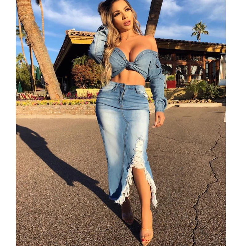 S-5XL Women Fashion High Waist Ripped Denim Skirt Distressed Jeans Skirts Street Style Destroyed Bodycon Skirts