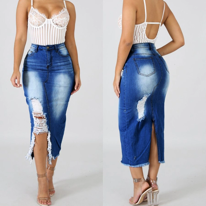 S-5XL Women Fashion High Waist Ripped Denim Skirt Distressed Jeans Skirts Street Style Destroyed Bodycon Skirts