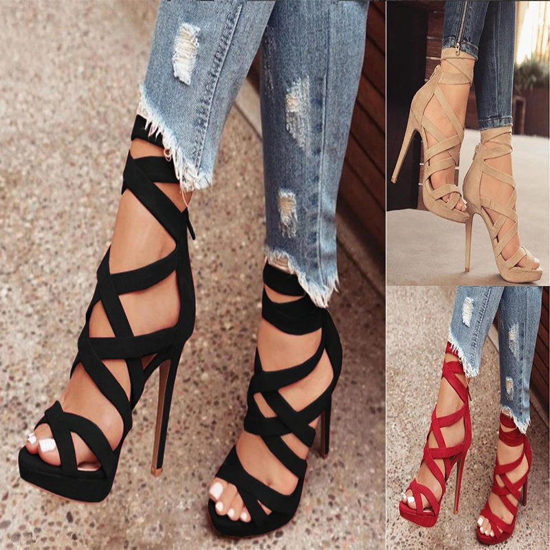 2020 New Spring and Summer Women's  Fashion High Heels Shoes Solid Color  Strap Style Thin High Heels Ankle Strap Party Women's Shoes