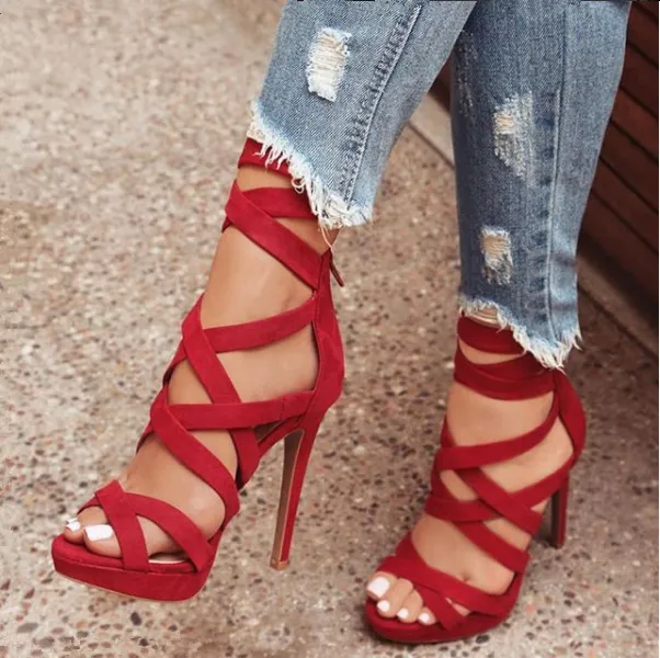 2020 New Spring and Summer Women's  Fashion High Heels Shoes Solid Color  Strap Style Thin High Heels Ankle Strap Party Women's Shoes