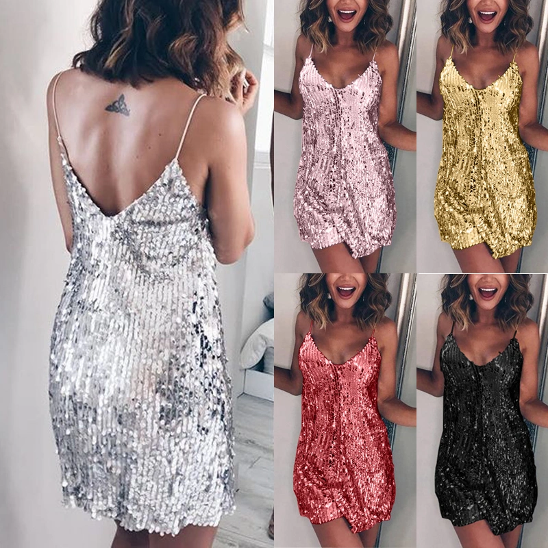 5 Colors Women New Fashion Backless Spaghetti Strap Dress V-neck Party Sequin Mini Dresses Stylish Prom Nightclub Dresses Plus Size S-5XL