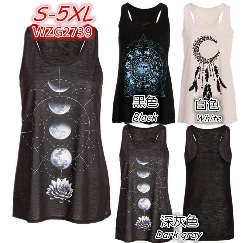 Women's Fashion Sleeveless O-neck Moon Print Tank Top Plus Size Cotton Vest