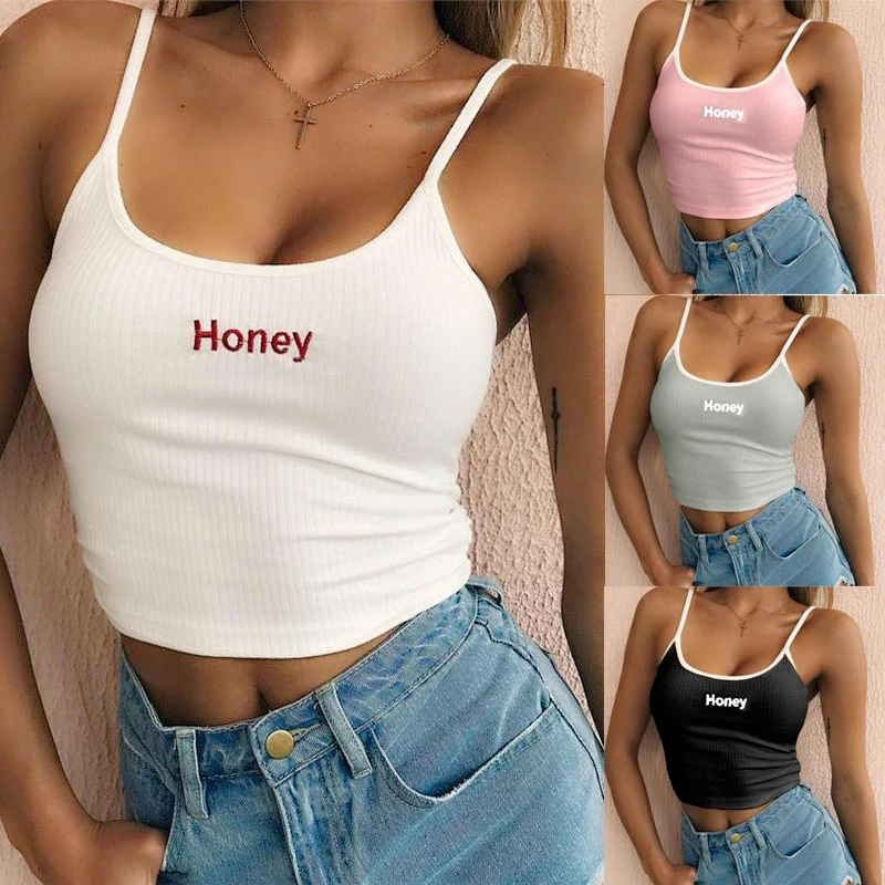 4 Colors 2020 NEW Fashion Women's Camisole Crop Top 鈥淗oney鈥滾etter Print Vest Casual Sleeveless Cotton Tops Sexy Summer Sling Vest Yoga Sport Tops