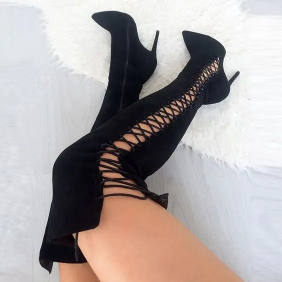 Women New Fashion Long Sandals High Heel Shoes Bandage Side High Heel Pumps Black Stiletto Heel Thigh High Boots