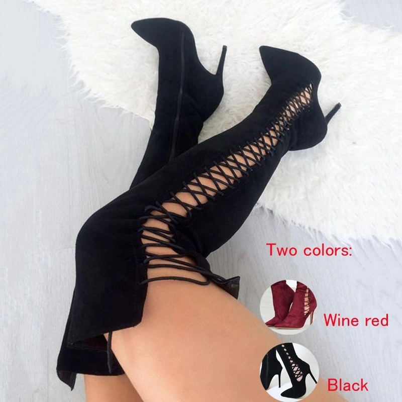 Women New Fashion Long Sandals High Heel Shoes Bandage Side High Heel Pumps Black Stiletto Heel Thigh High Boots