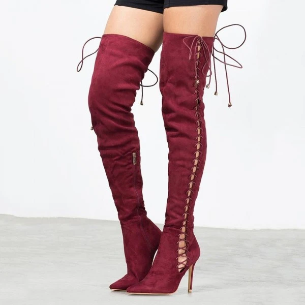 Women New Fashion Long Sandals High Heel Shoes Bandage Side High Heel Pumps Black Stiletto Heel Thigh High Boots