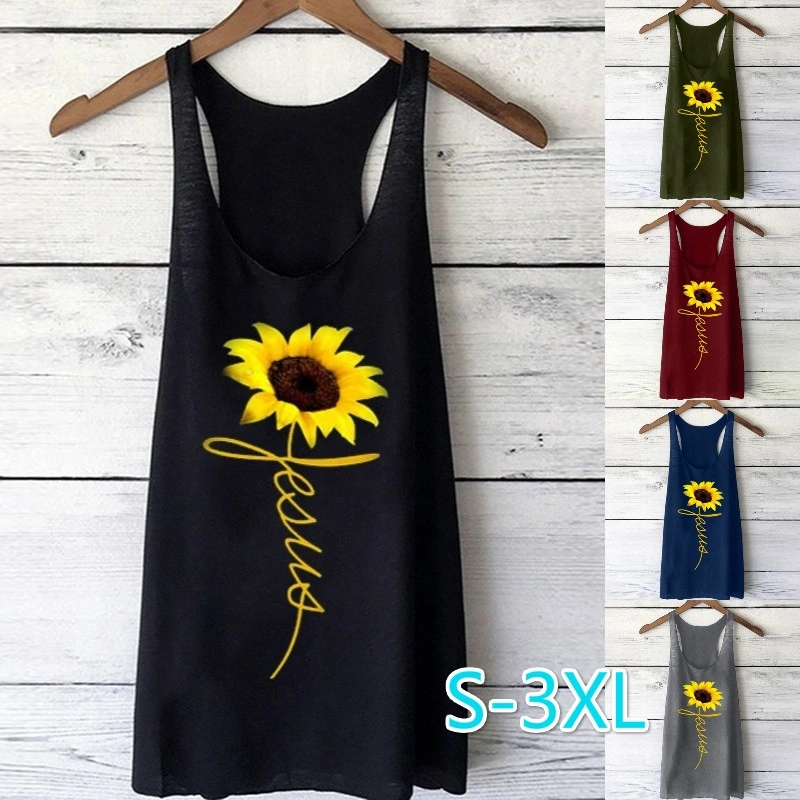 Women Summer Fashion Long Casual Sunflower Printed Plus Size Cotton Sleeveless T Shirt Tank Top Basic Casual Loose Vest Size S-3XL