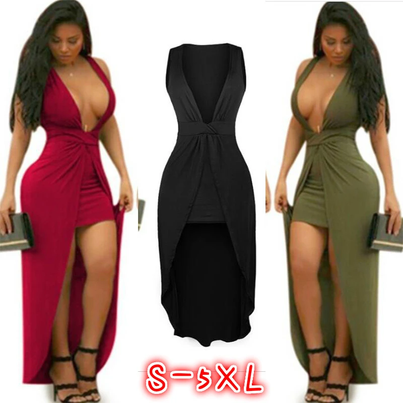 S-XXXXXL Women's Fashion Party Dresses Deep V Neck Low Cut Dresses Costume Solid Color Floor Length Dess Slim Fitting Women Clothes