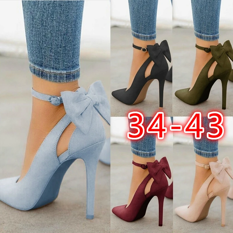 2020 NEW Fashion Women High Heel Pointed Toe Sandals Spring Summer Ankle Strap Bow-knot Stiletto Shoes Casual Work Party Shoes Plus Size