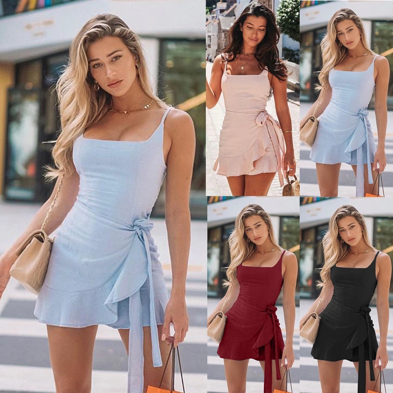 Summer Fashion Women Casual One Piece Braces Skirt Sleeveless Dress Solid Color Slip Dress