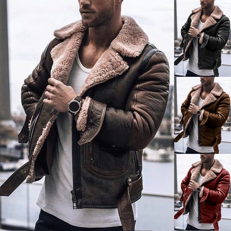 4 Colors Men's Winter Faux Fur Jacket Motorcycle Leather Jacket Coat Outerwear Plus Size