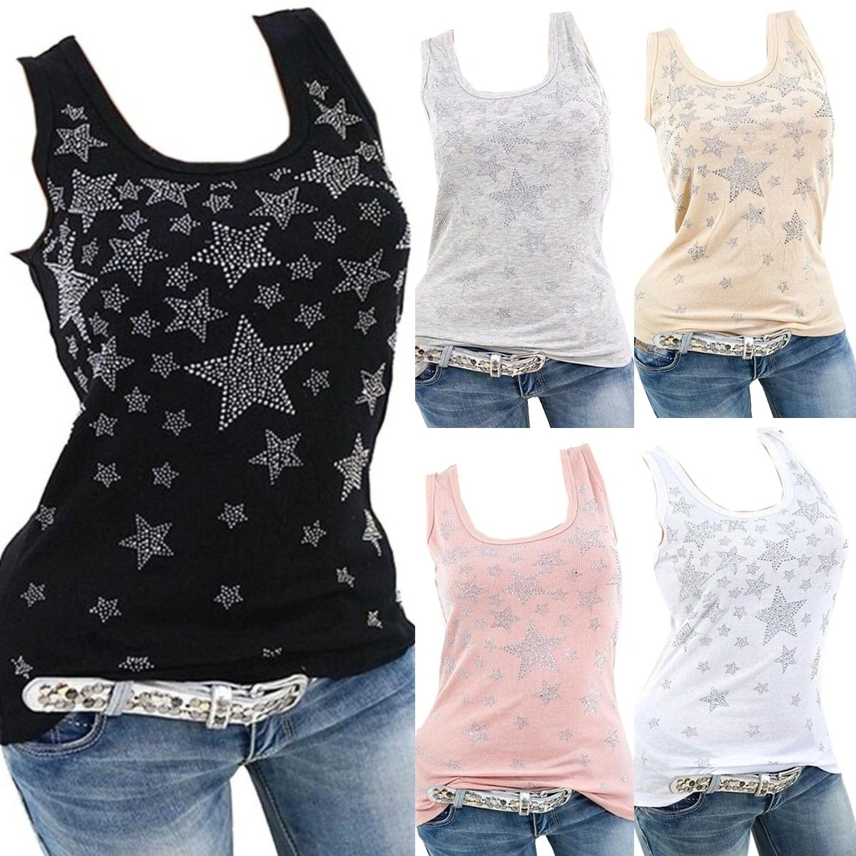 5 Colors Women Fashion Tank Top Sequin Star Slim Fitting Vest Summer Shirt Causal Female Tops Plus Size S~5XL