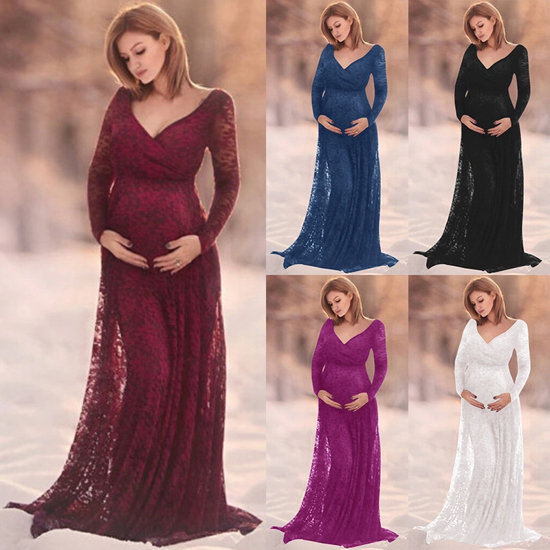 Pregnant Women Lace Sleeve Long Dress Deep V Neck Photography Dress Fancy Shooting Photo Summer Pregnant Maternity Dress Floor Length Hollow Out Elegant Dress