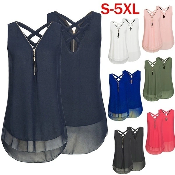 Womens Casual Sleeveless Chiffon Tank Top Cross Back Hem Layed Zipper V-neck T Shirts