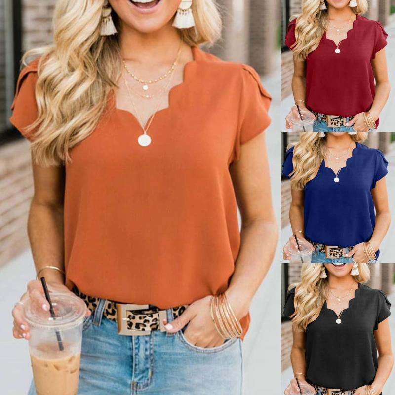 4 Colors Women Fashion Casual Short Sleeve Floral V-Neck Tops Chiffon Blouse 2020 New Summer Solid Color Slim Shirts Women Blouse Tops Plus Size S-5XL