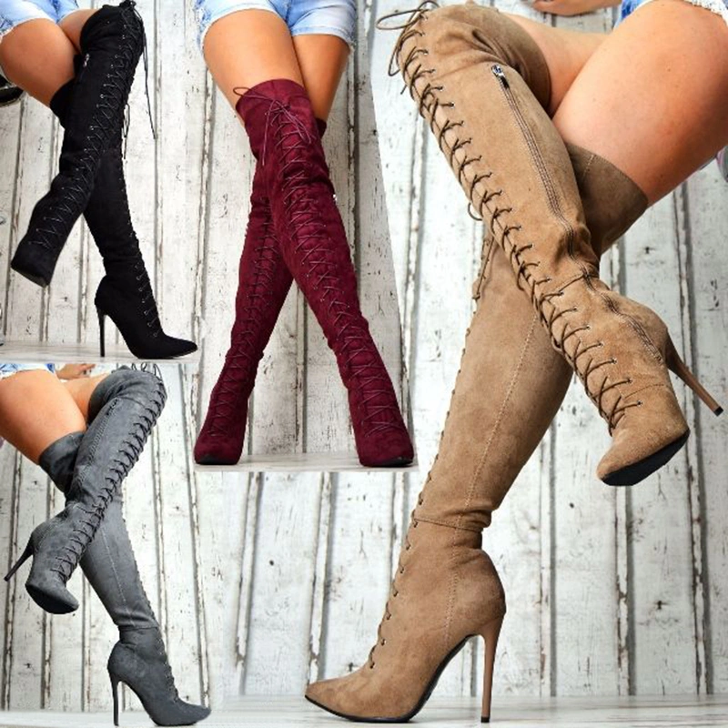 Fashion Women Autumn and Winter Shoes High Thin Heel Lace-up Thigh High Boots Suede Boots Femme Casual Pointed Toe Zipper Boots Long Boots