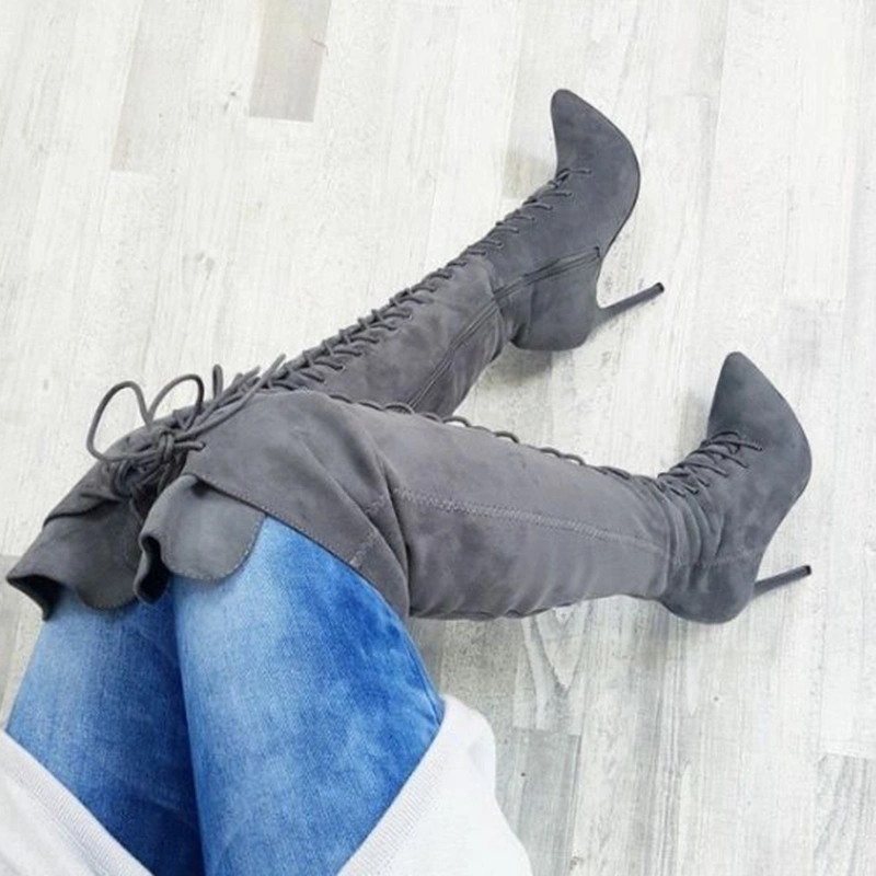 Fashion Women Autumn and Winter Shoes High Thin Heel Lace-up Thigh High Boots Suede Boots Femme Casual Pointed Toe Zipper Boots Long Boots