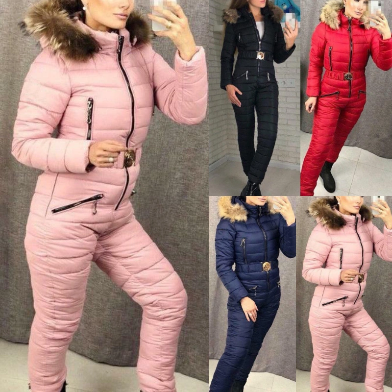 New Winter Hooded Parka Jumpsuits Straight Elegant Padded Warm Thick Sashes Casual Jumpsuits Zipper Women Ski Suit Onesies Snowsuit