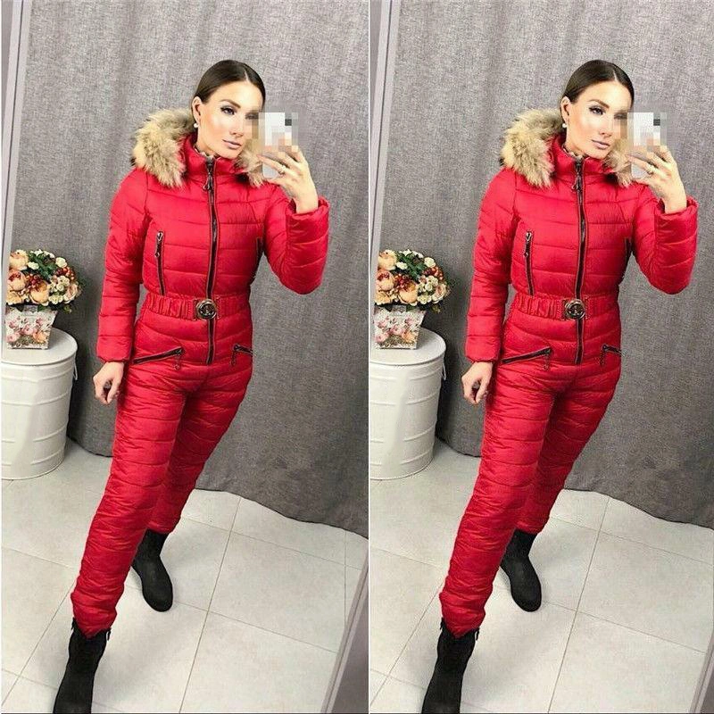 New Winter Hooded Parka Jumpsuits Straight Elegant Padded Warm Thick Sashes Casual Jumpsuits Zipper Women Ski Suit Onesies Snowsuit