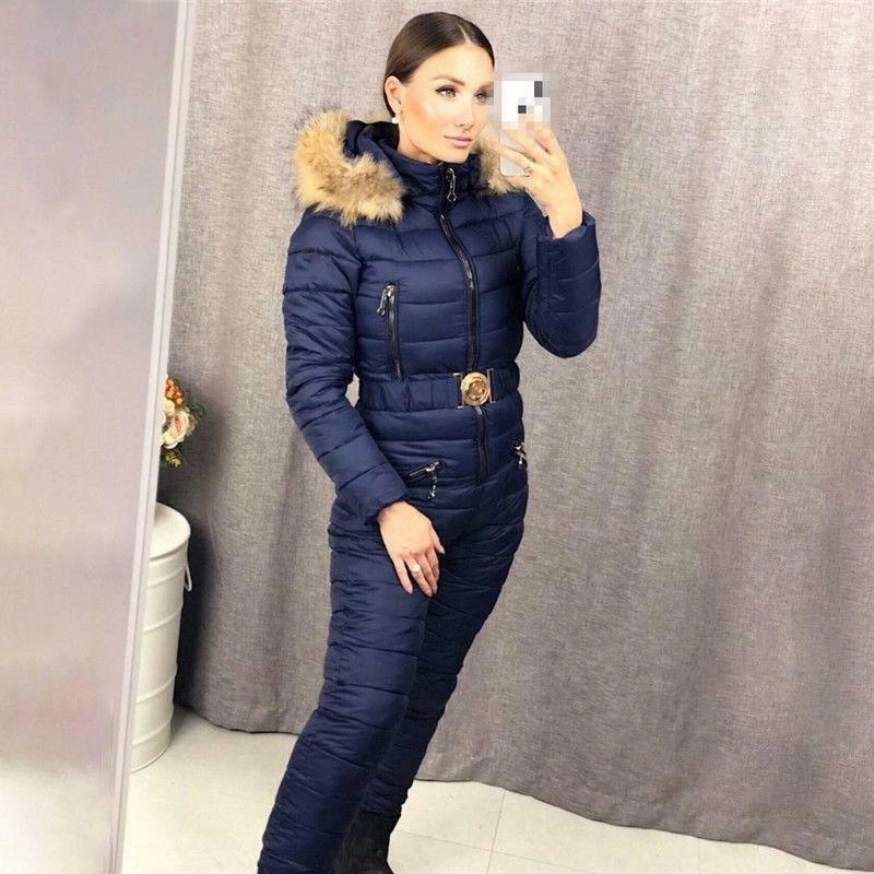 New Winter Hooded Parka Jumpsuits Straight Elegant Padded Warm Thick Sashes Casual Jumpsuits Zipper Women Ski Suit Onesies Snowsuit