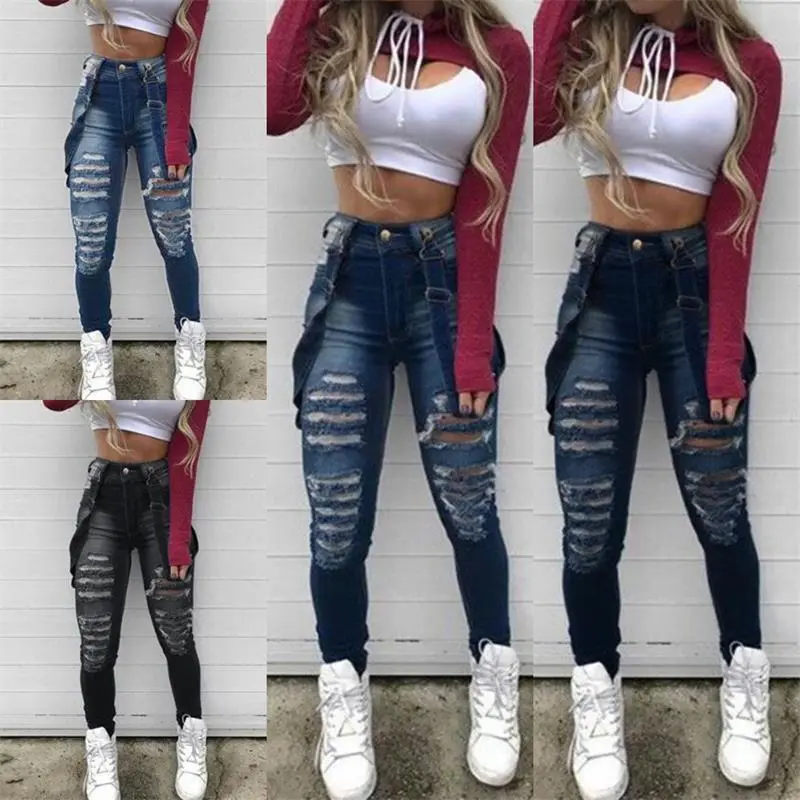 Women Fashion Casual High Waist Ripped Skinny Hole Jeans Slim Washed Pencil Pants for Female