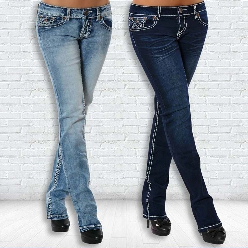 Autumn New Women's Fashion Low Waist Jeans Stretch Straight Denim Jeans Hipster Jeans Hip Thick Seams Long Pants Plus Size S-5XL