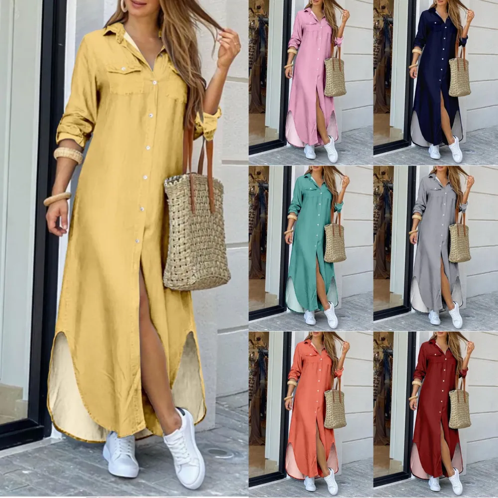 Women Button Up Shirt Dress Kaftan Loose Baggy Oversized Maxi Dress Bohemian Print Long Dress